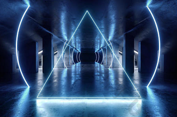 三角形未来主义的激光霓虹灯发光的蓝色的sci黑暗空宇宙飞船外星人走廊隧道反光混凝土难看的东西充满活力的虚拟现实莫德