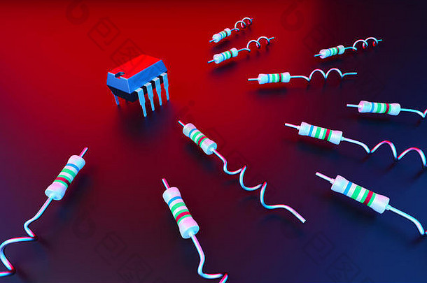 无线电芯片和电子元件的概念。用于在线商店的芯片和电阻器的图像。三维渲染