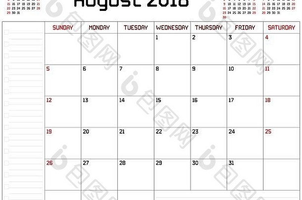 2018年8月<strong>计划表</strong>-白色背景的2018年8月<strong>计划表</strong>月历。使用自定义的直线粗字体。