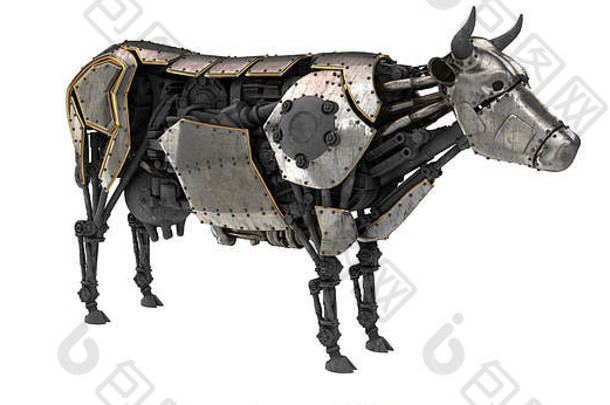 机械机器牛在一个孤立的白色背景上的stiunk风格。三维插图