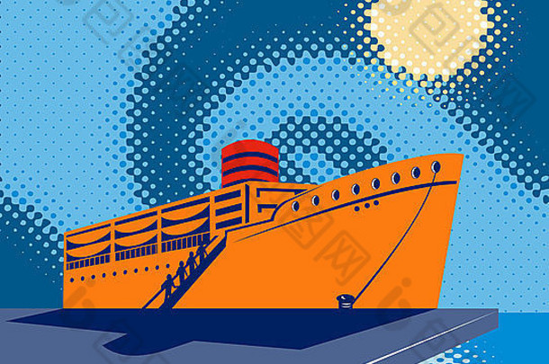 插图乘客货物船码头码头复古的风格