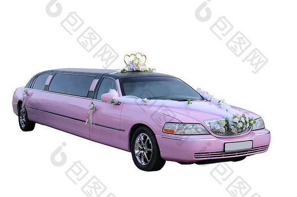 白色背景上的粉红色婚礼轿车