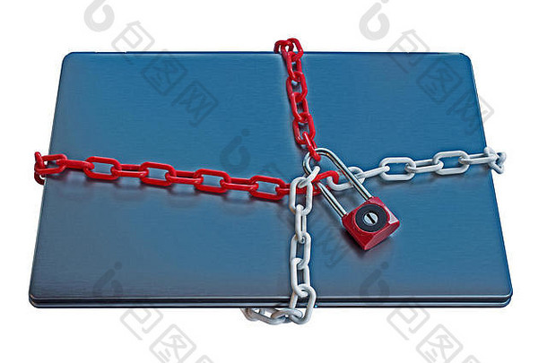 安全锁定<strong>电脑病毒</strong>保护白色背景绑定笔记本白色红色的链锁着的红色的垫