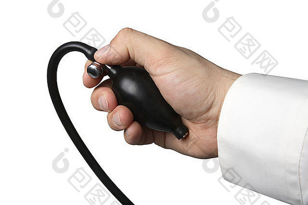 医生的手检查血压力减少白色背景