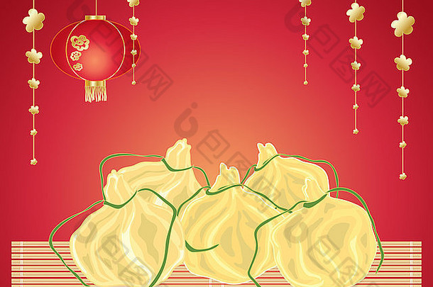 一个美味的中国蒸饺的插图，红色背景上有装饰和竹垫