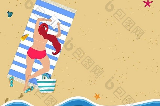 海滩上穿着红色无上装比基尼躺在毛巾上看书的女人的俯视图。人字拖，脚印，袋子，波浪形的海边。你好，Summer，年轻人