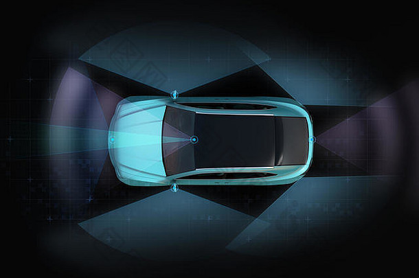 道路上自动驾驶SUV的俯视图，感测图形图案经过修饰。夜间交通。三维渲染图像。