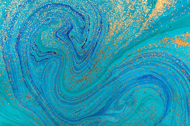 大理石的蓝色的摘要背景金亮片液体大理石墨水模式