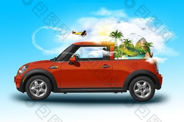 红色的老式汽车，岛上有棕榈树，海中有飞机在云层中飞来飞去。不寻常的夏季旅行3d插图。夏季五