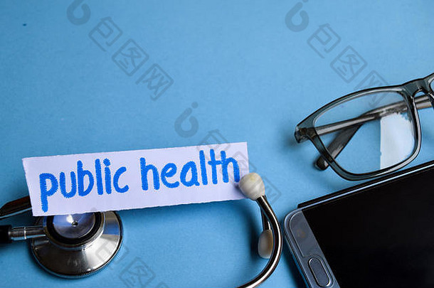 概念上的图像公共健康登记视图听诊器眼镜智能手机蓝色的背景医疗概念上的