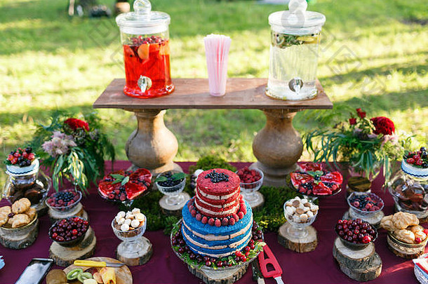 在<strong>森林</strong>里举行婚礼。桌上有浆果、蓝莓和覆盆子的蛋糕。Fourchette，桌上有很多食物