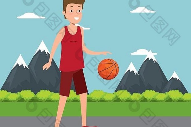 年轻的男人。练习篮球
