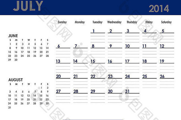 2014年7月的月历。星期天开始。上个月和下个月