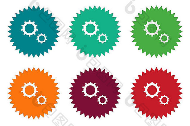 一套彩色贴纸图标，带有蓝色、绿色、橙色、红色和勃艮第色的齿轮符号