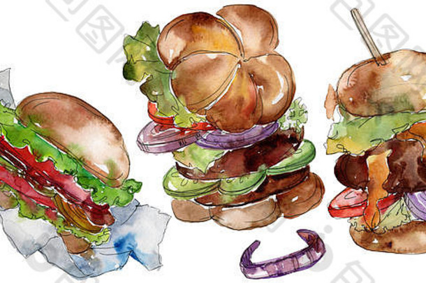 汉堡快食物孤立的水彩背景插图集孤立的快餐插图元素