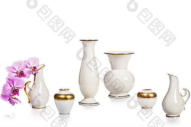 古董白色瓷花瓶集合孤立的白色背景