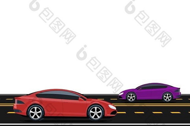 紫色的红色的汽车开车路一边视图体积画网梯度孤立的白色背景插图