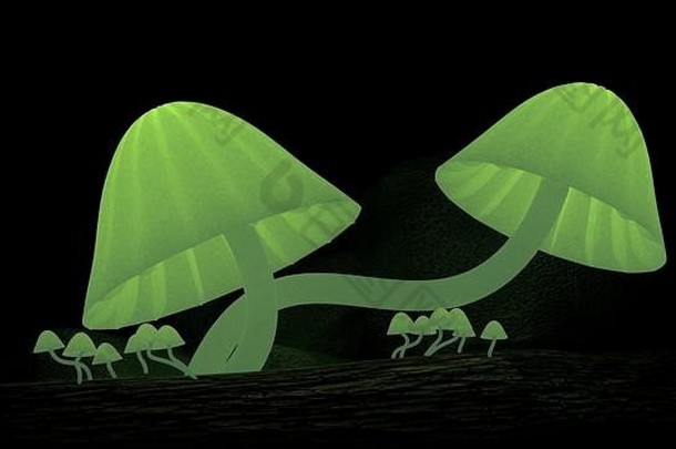 3D插图，黑色背景上的抽象绿蘑菇