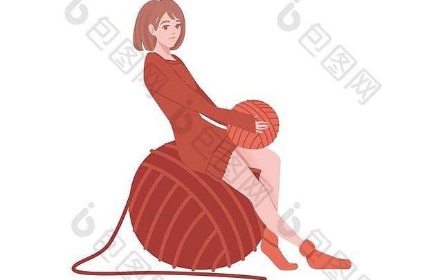 可爱的女人坐在红色的大毛线球上，针织针扎成平面，抽象的插图孤立在白色背景上
