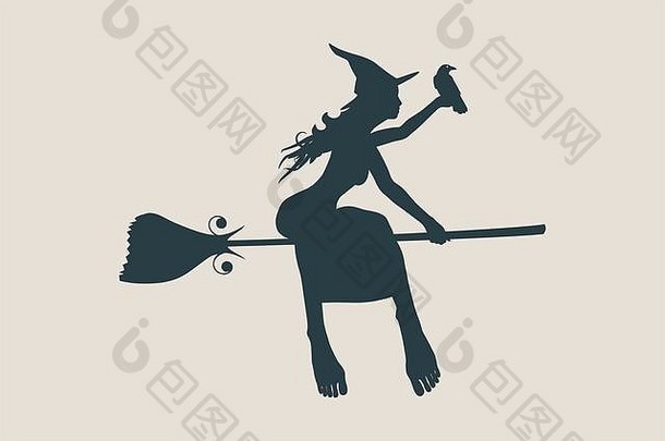 飞行的年轻女巫偶像。扫帚上的女巫剪影