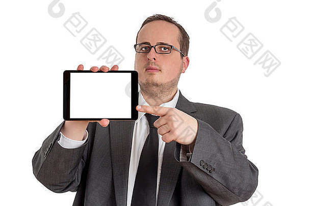 年轻的商人西装指出平板电脑电脑孤立的屏幕孤立的白色背景