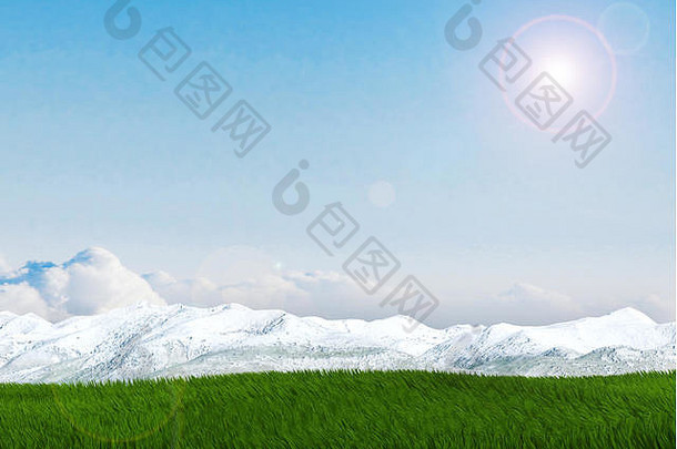 雪山绿草场景观，3D渲染