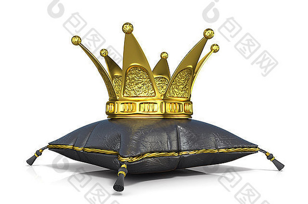 皇家黑色皮革枕头和金色皇冠。在白色背景上隔离的3D渲染插图