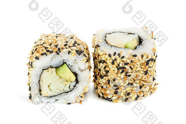 Uramaki maki寿司，两卷分开放在白面包上