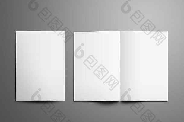 通用tempalte白色bi-fold宣传册现实的阴影孤立的灰色的背景小册子关闭