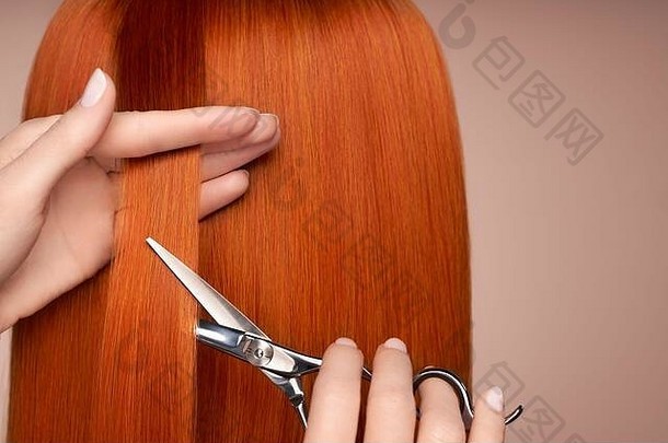 理发师削减长红色的头发剪刀头发沙龙发型师护理美头发产品染色头发