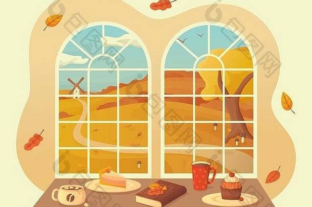 带蘑菇和落叶的秋季景观视图窗口背景