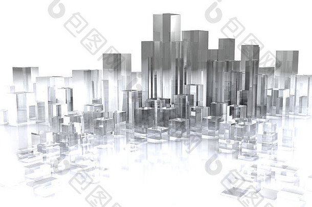 白色背景上玻璃城的抽象3d插图