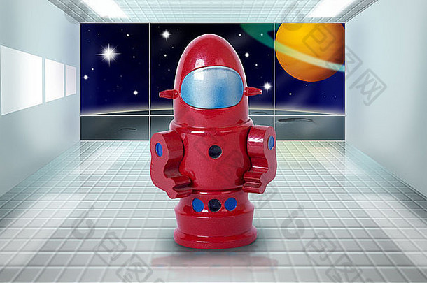 明亮的红色的塑料年代宇航员机器人玩具电脑生成的背景