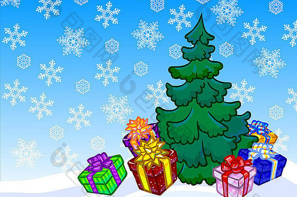 一棵圣诞树和背景为雪的礼品盒的插图。