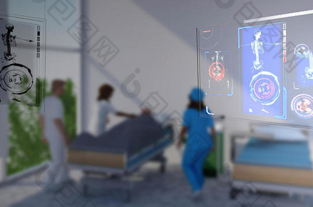 医疗设备，医院，体检，解剖扫描，未来医学，3d骨骼。医务室。交互式屏幕。专家