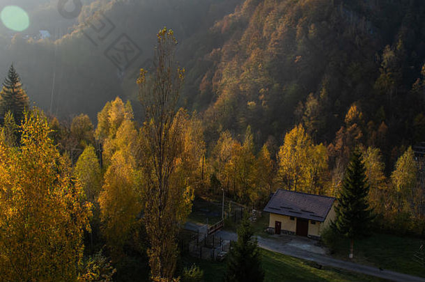 在<strong>秋天</strong>阳光明媚的日子里，从高处俯瞰一座被森林和彩树环绕的孤零零的房子的美丽景色