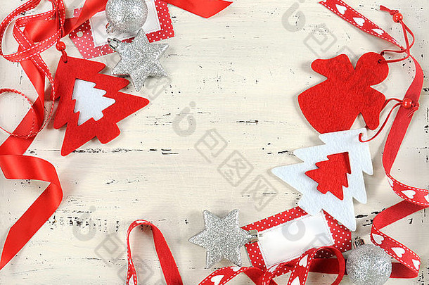 节日圣诞节假期背景红色的白色主题党饰品古董破旧的别致的白色木背景