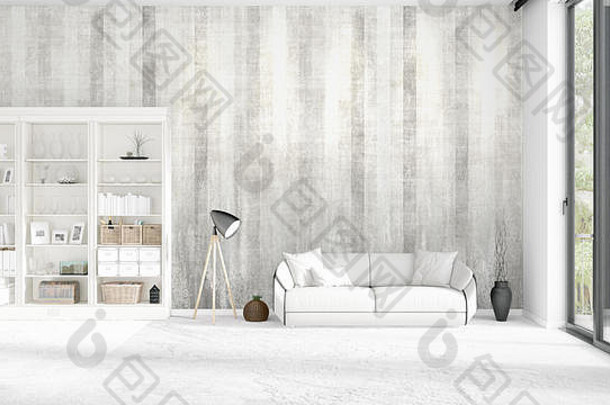 时尚的现代室内设计，白色沙发和水平布局的文案空间。三维渲染。