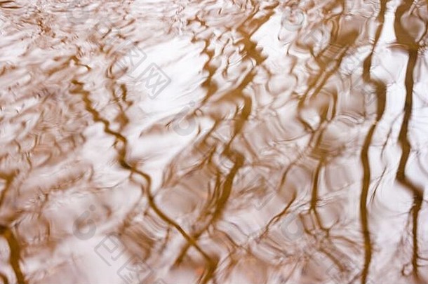 抽象模糊的树木反射在波纹起伏的水面上，呈现出棕色和白色