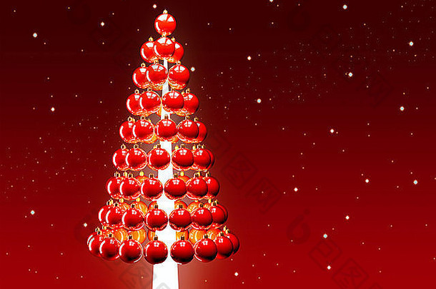 圣诞树的光泽红色饰品球3d渲染红星天空