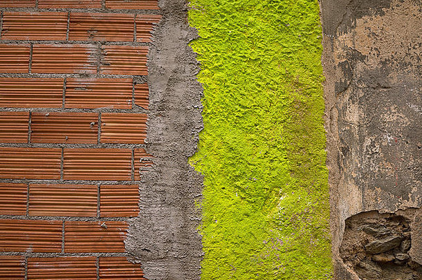 以红砖、混凝土/水泥和生动的石灰绿油漆为特色的抽象/详细的近距离墙照片！