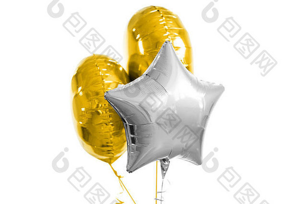 三个金色和银色的氦气球在白色的气球上