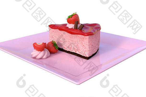 白色背景上隔离的粉红色盘子上的奢侈蛋糕的3D渲染
