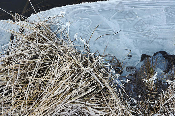 薄透明的冰表面储层干草空气泡沫