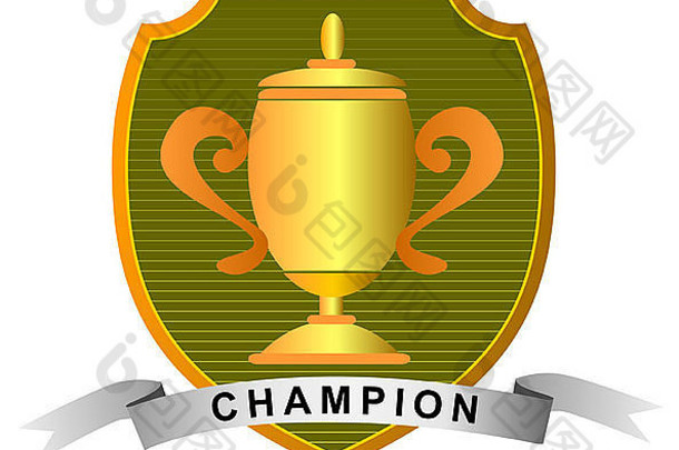 冠军杯奖杯置于盾内的插图，白色背景上有“冠军”字样，采用复古设计