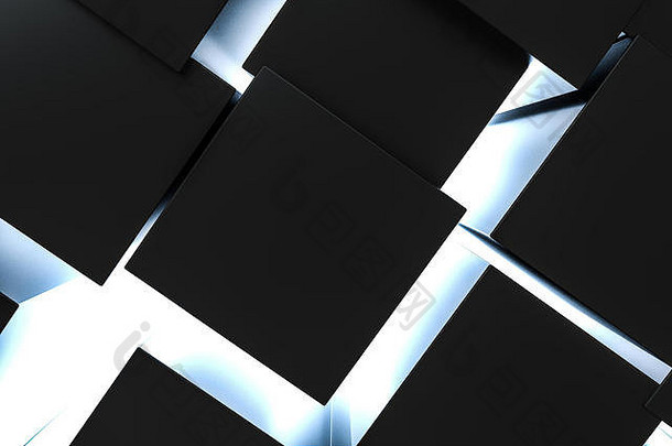 3d渲染，深色背景，具有灯光效果的立方体砖。计算机数字背景。