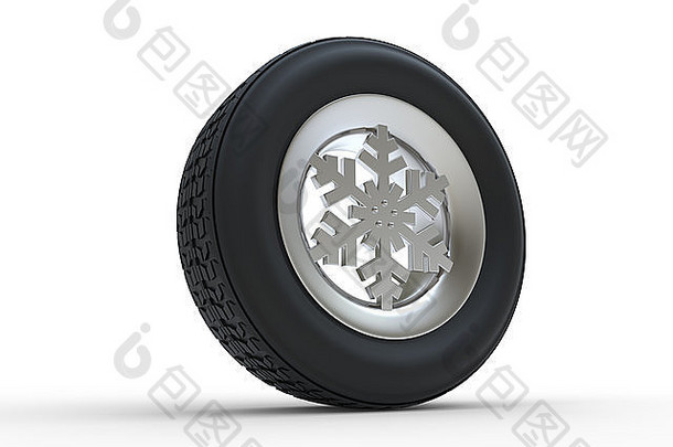 集冬天轮胎Rim雪花形状孤立的白色背景插图