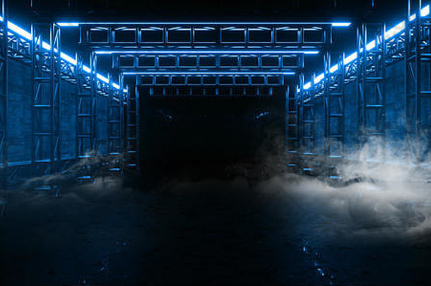 sci未来主义的俱乐部阶段建设隧道混凝土金属走廊霓虹灯发光的蓝色的灯烟雾蒸汽背景呈现树脂