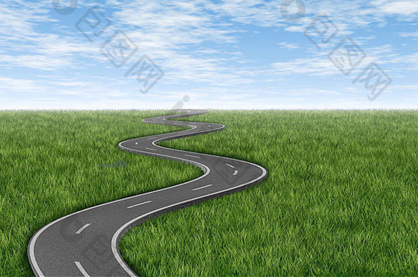 弯曲的绕组沥青路绿色草地平线蓝色的天空代表单高速公路白色背景代表清晰的集中战略旅行计划目的地旅程