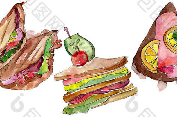 三明治水彩风格孤立的水彩画快食物插图元素白色背景